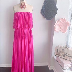 Hot pink pleated off shoulder maxi dress
